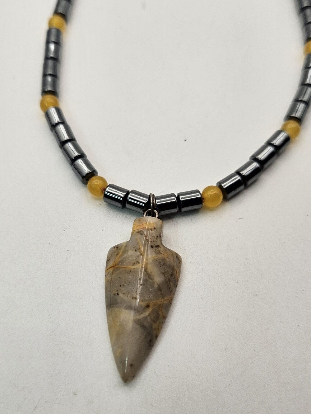 Natural Jasper Arrowhead Pendant Necklace Beaded Hematite